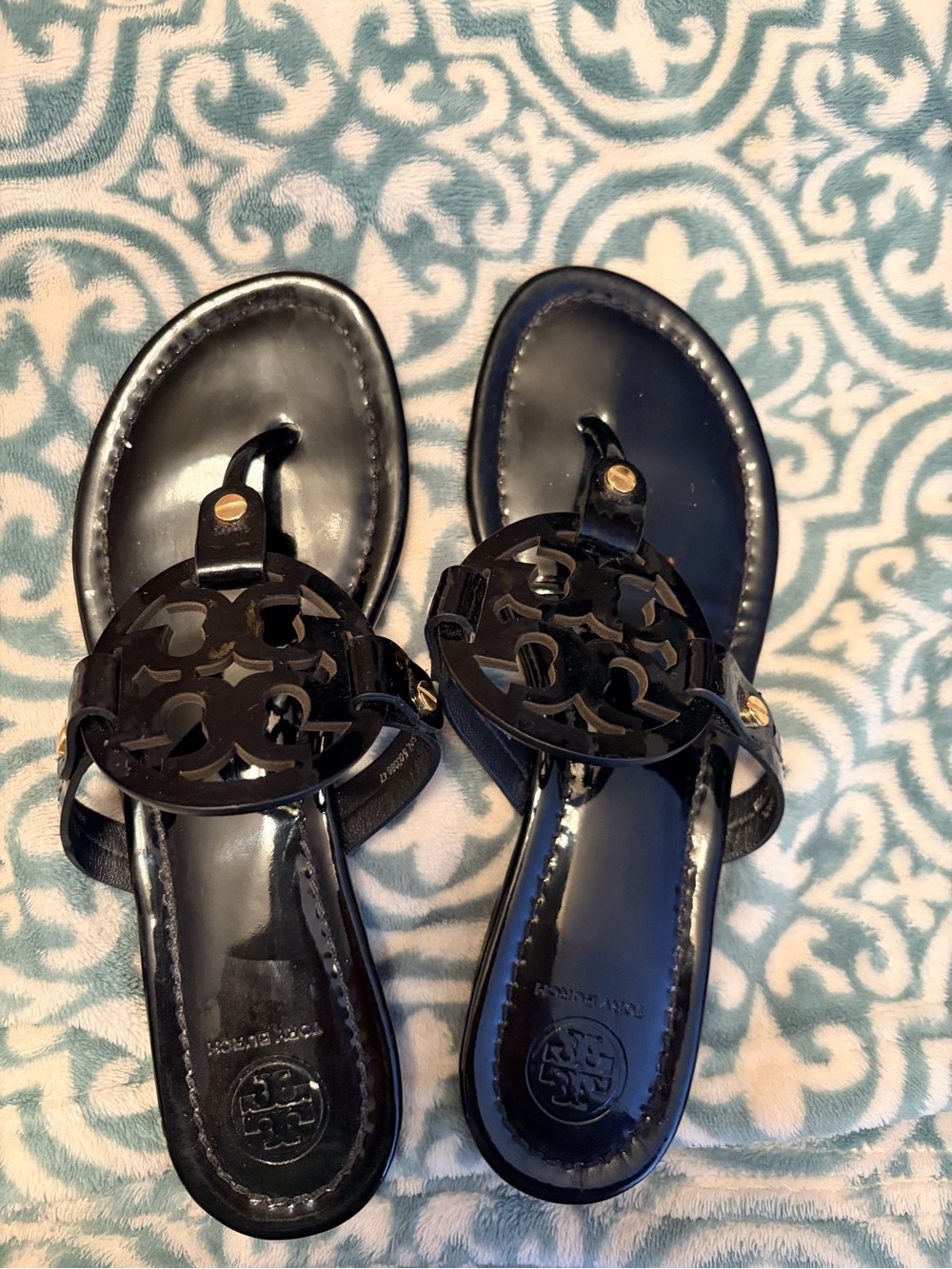Tory Burch Black Patent Logo Thong Sandals